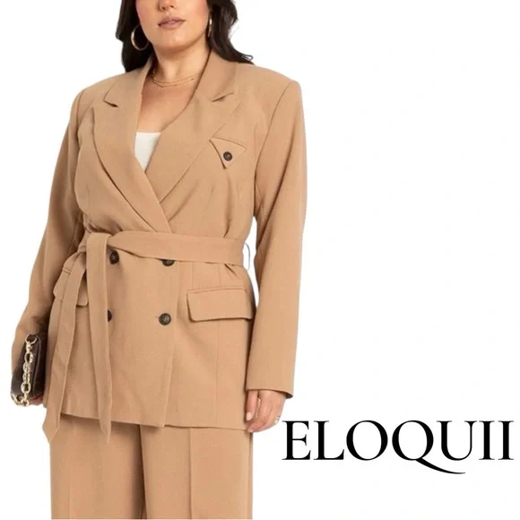 ELOQUII Women’s Size 18 Camel Tan Tie Front Minimalist Style Blazer - Picture 2 of 9